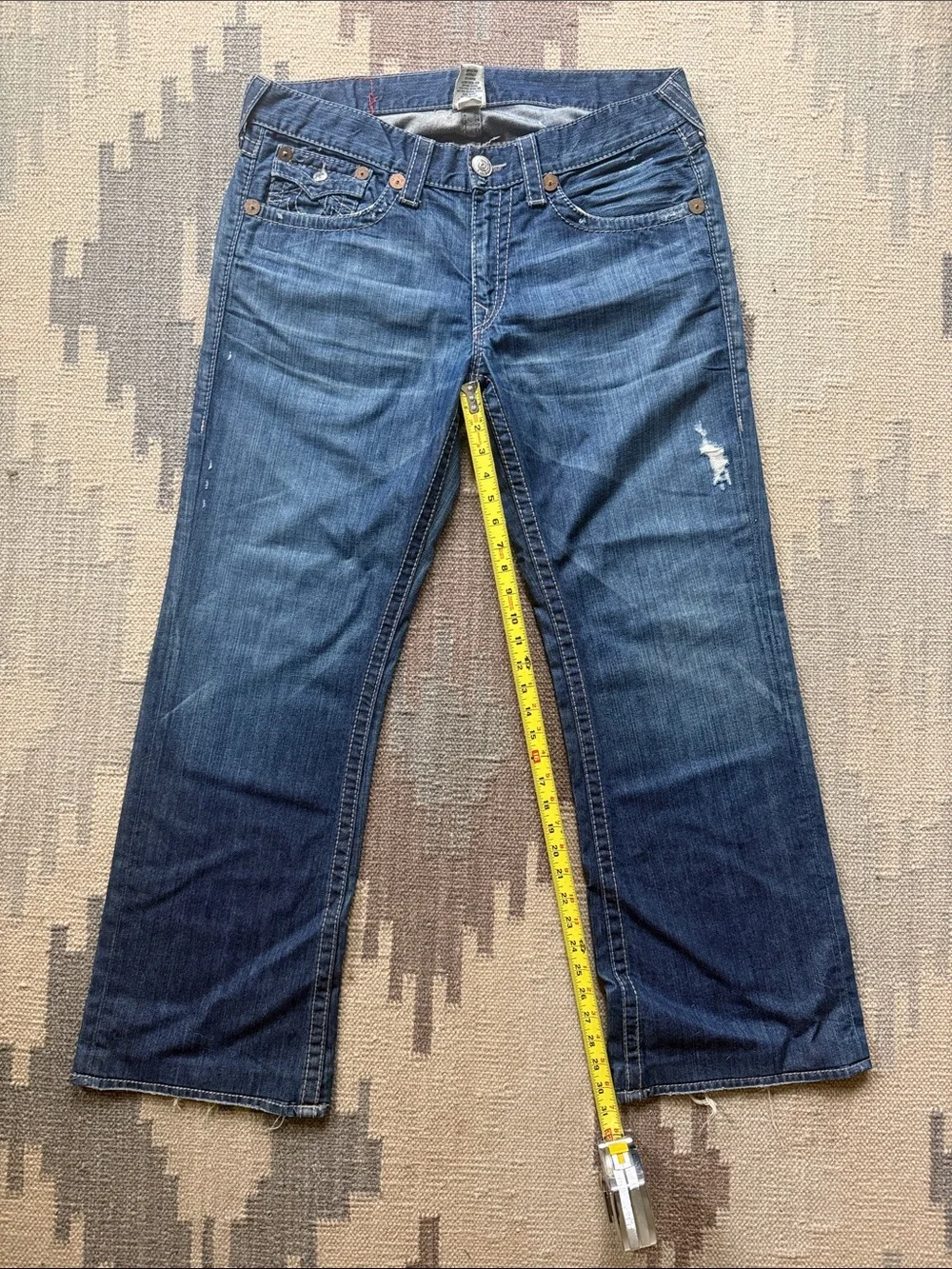 True Religion Men's Dark Blue Bootcut Jeans with Light Distress